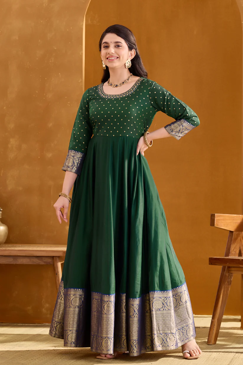 Deep Green Anarkali with Golden Embroidery Design & Brocade Border